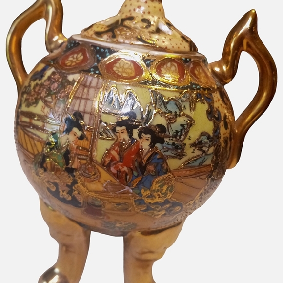 Antique Chinese Tripod Incense Burner Hand Painted Porcelain Gold Gilded Vase - Picture 3 of 14